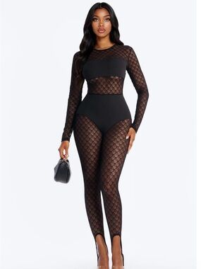 Black Sheer Fishnet Long Sleeve Bodysuit Jumpsuit